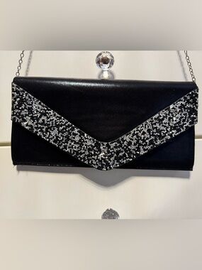 Black Evening Clutch with Silver Glitter Chevron
